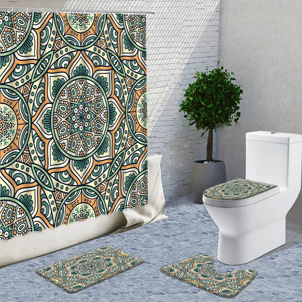 

Ethnic Pattern Shower Curtain 4-Piece Set With Rug Bath Mat Bathroom Curtains Non Slip Carpet Durable Toilet Cover Bathtub Decor