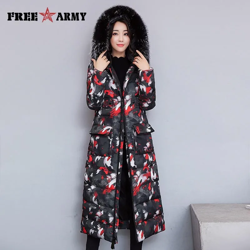 Red camouflage FreeArmy Для женщин зимняя куртка, длинная, со стройным силуэтом, толстая, с хлопковой подкладкой камуфляж Костюмы, ботфорты, теплые пальто с капюшоном куртка в уличном стиле для женщин - Цвет: Red camouflage