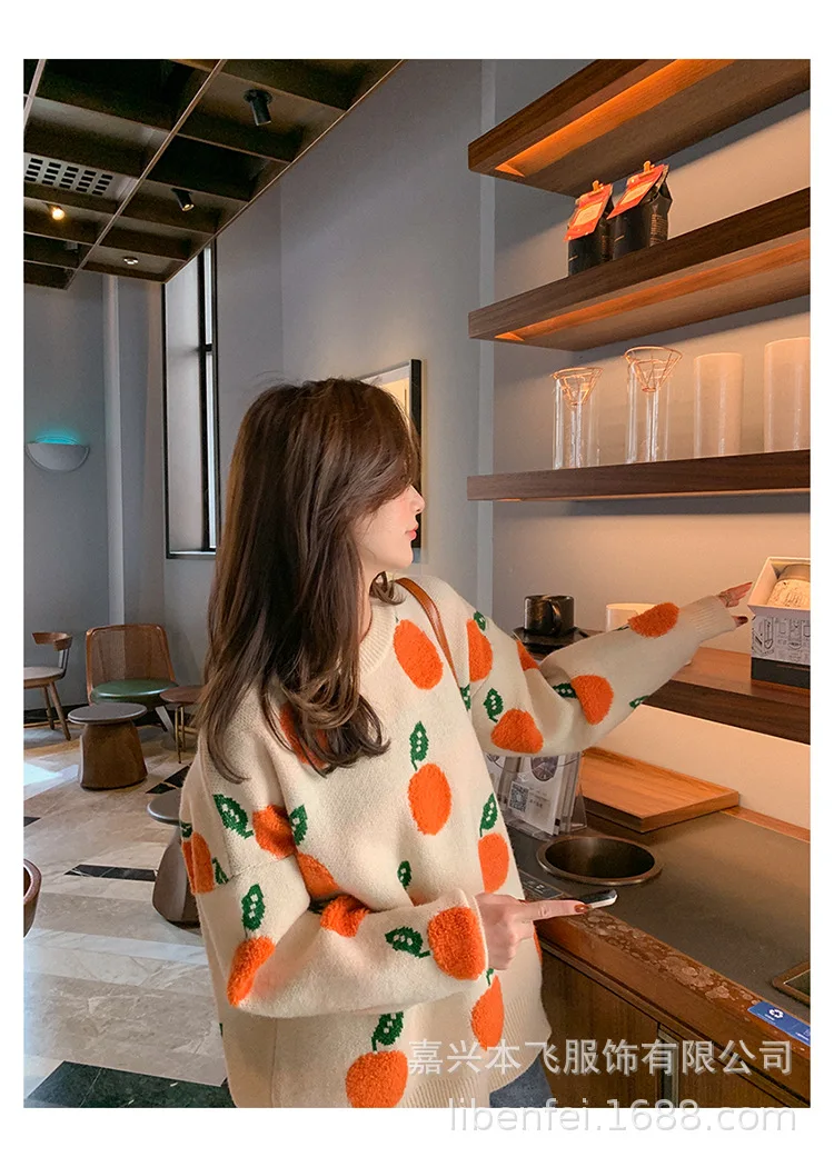 

Knit Sweater Women 2021 New Autumn And Winter Wear Round -Neck Loose Lazy Hedging Print Long-Sleeved Fashion Clothes M66