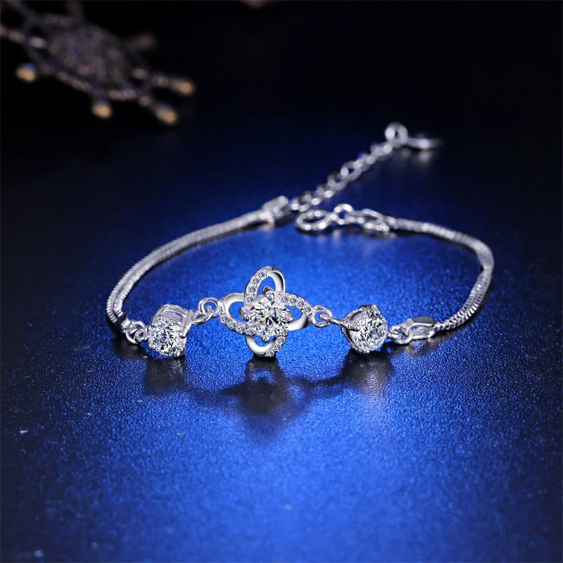 

Fashion Women Crystal Bracelets 925 Sterling Silver Shiny CZ Stones Austrian Lady Flower Bangles Wedding Jewelry Gift