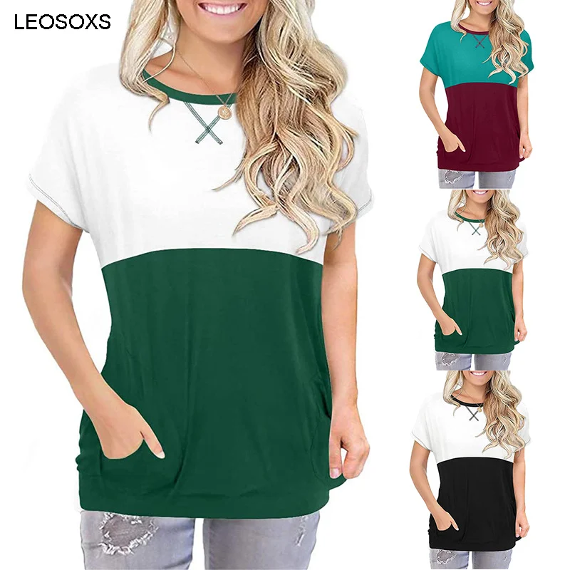 

Женская футболка с карманами, повседневный Свободный Топ с круглым вырезом и коротким рукавом, лето 2021