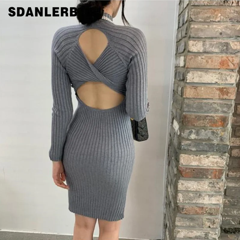 

Однотонная серая Женская одежда, осень-зима 2021, платье-миди, Новое привлекательное облегающее платье-футляр с высоким воротником и открытой...