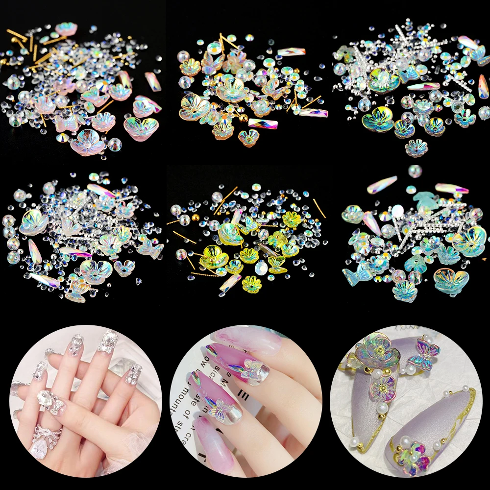 3D цветок бабочка кристалл для ногтей разноцветные металлические заклепки жемчуг