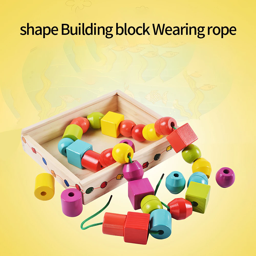 

Children Geometric Shape Wooden Lacing Beads Kids Montessori Blocks Threading Educational Toy Color Shape Recognition Toy Gift