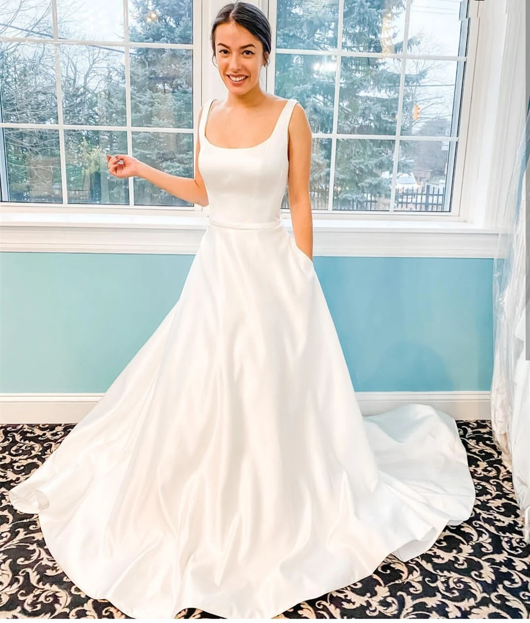 

Simple Wedding Dress Satin Vintage 2021 With Pocket For Women A-Line Sweep Train Sleeveless Elegant For Women Charming Elegant