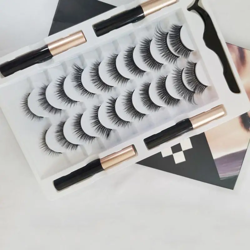 

10pairs Makeup Magnetic Lashes Natural 3D Mink False Eyelashes Magnet Extension Dounle Liquid Eyeliner
