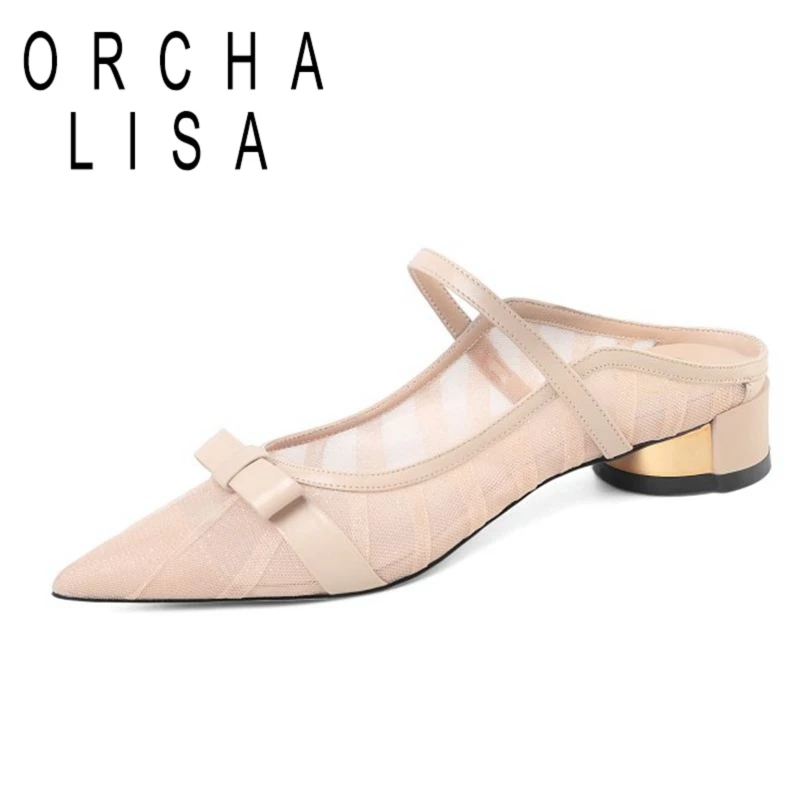 

ORCHA LISA Elegant Mesh Patent Leather Square Heel Female Sandals Bowtie Back Strap Pointed Toe Low Heel Women Size 42 B2625
