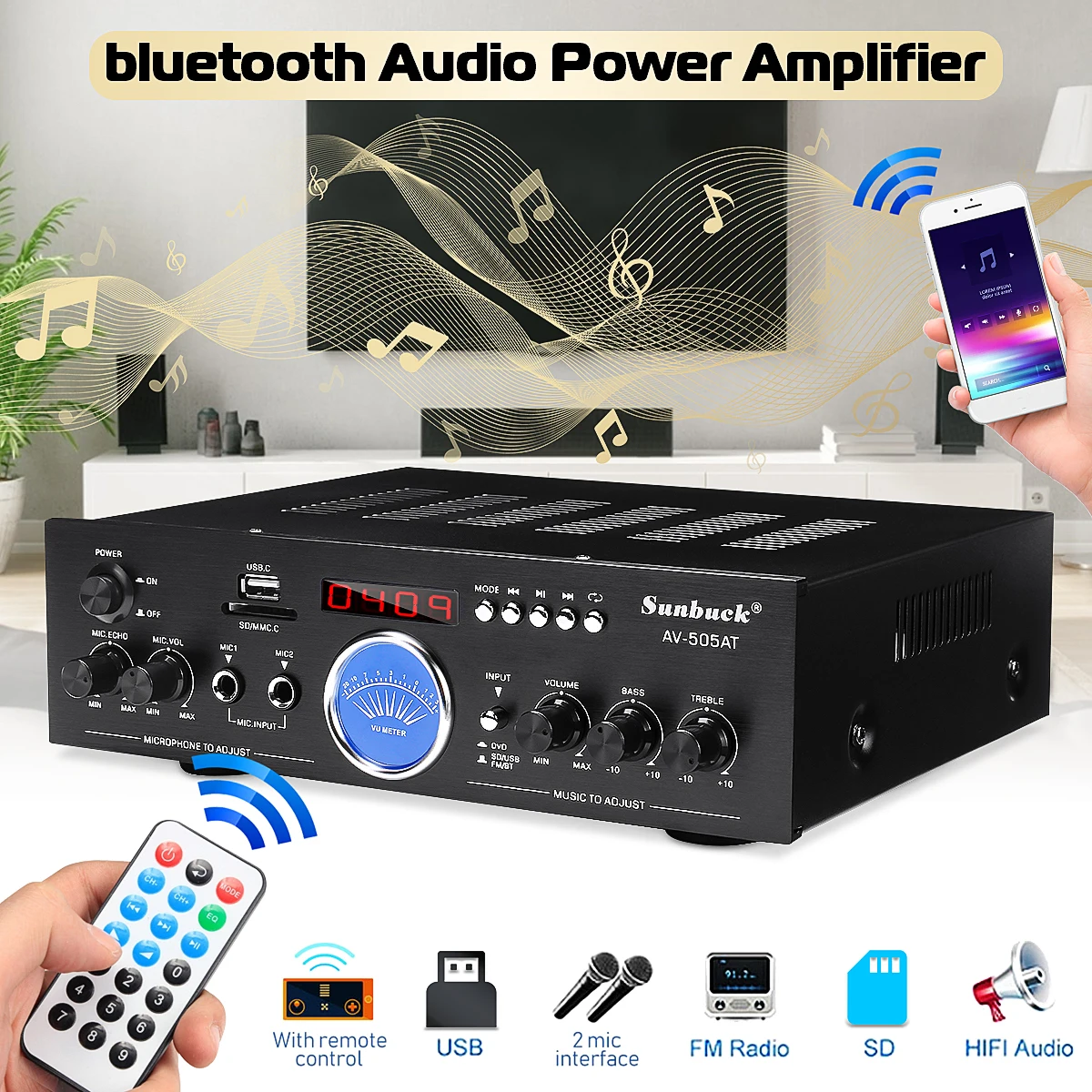 

Двухканальный усилитель мощности, 2500 Вт, bluetooth, FM-радио, автомобильный домашний караоке-динамик, двусторонний микрофон, Поддержка USB/SD/FM