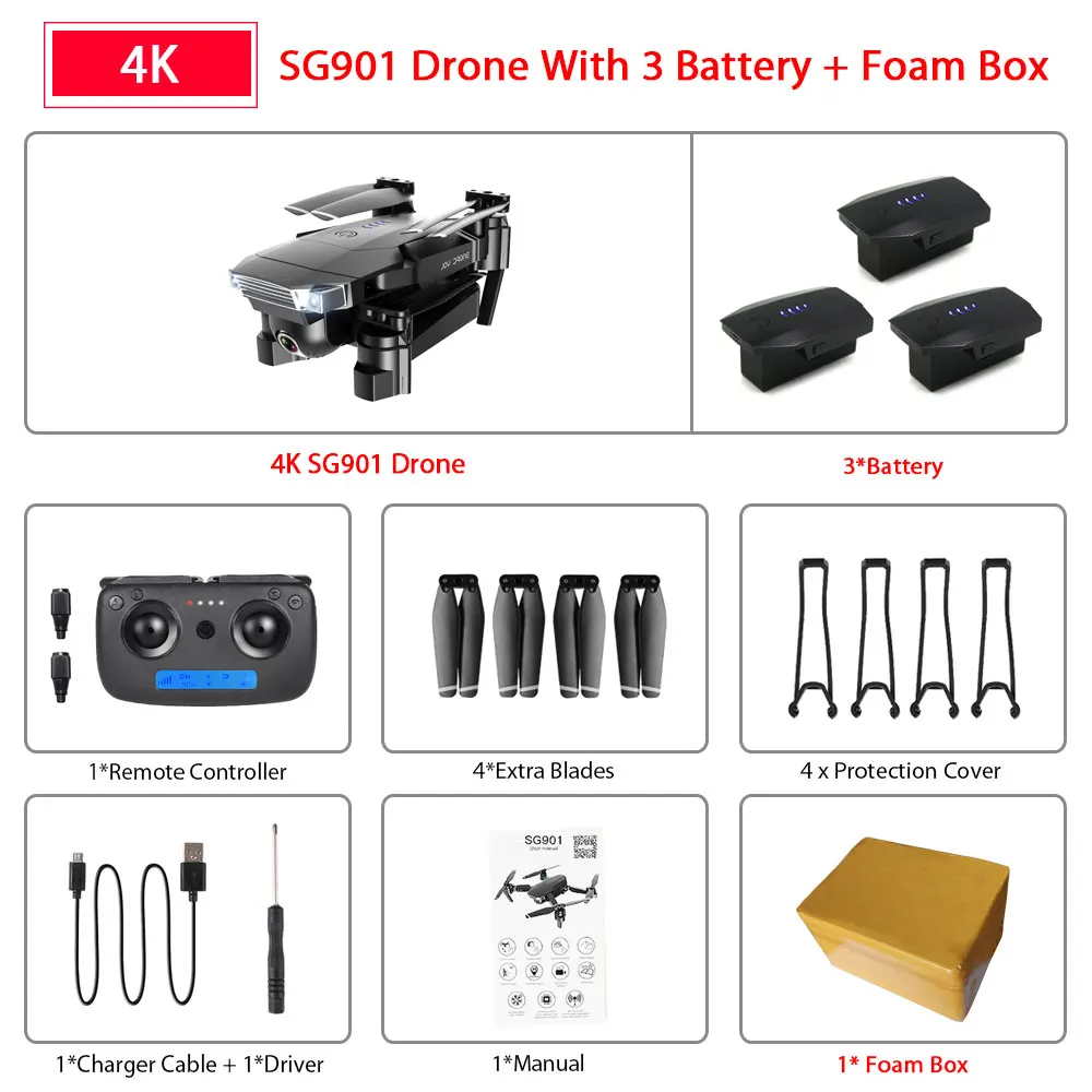 SG901 4K 3B Foam Box ZWN SG907 SG901 gps Радиоуправляемый квадрокоптер с Wifi FPV 1080P 4K HD Двойная камера оптический поток Дрон следуй за мной мини Дрон VS SG106 E502S - Цвет: SG901 4K 3B Foam Box