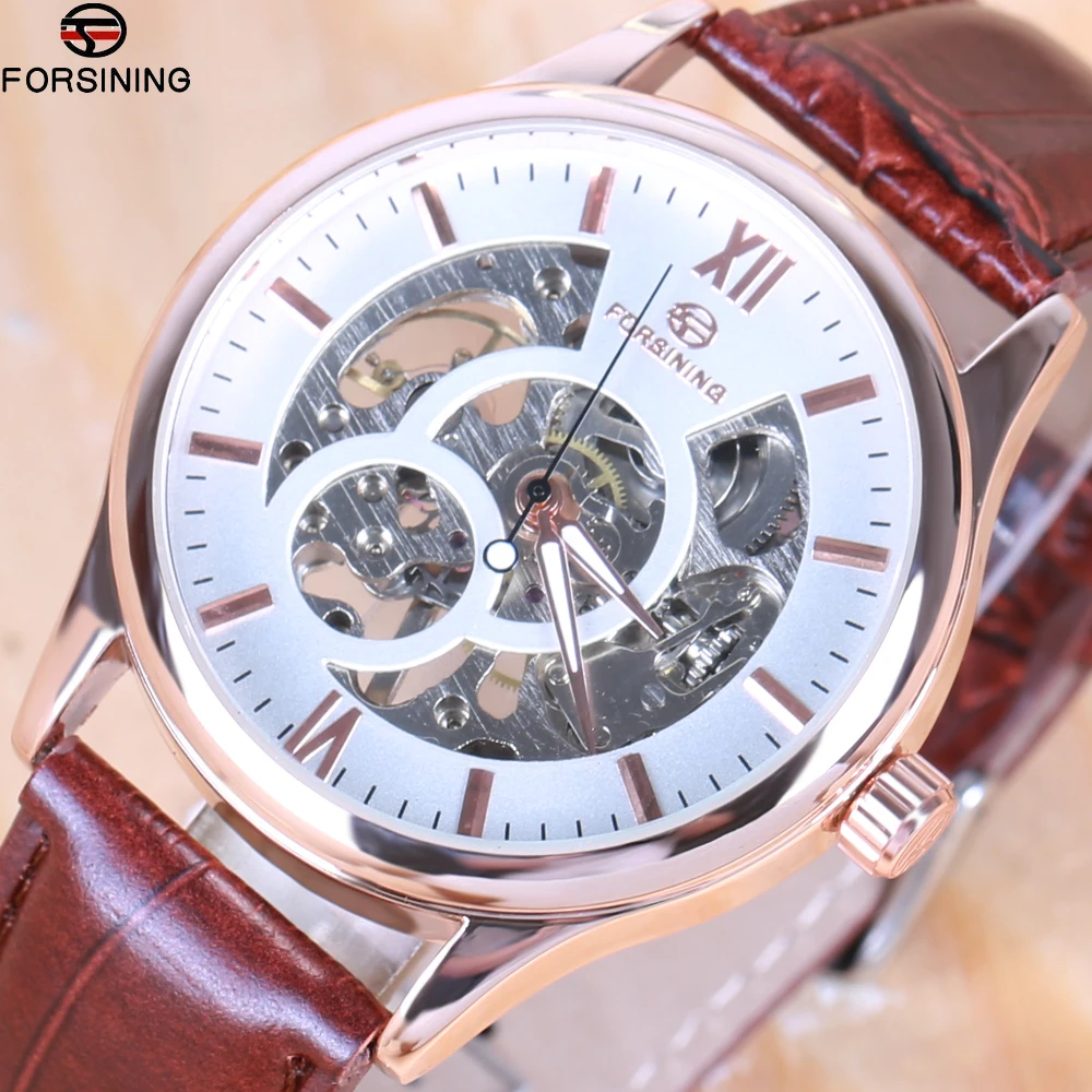 

Forsining Rose Gold Design Brown Men Watch Top Brand Luxury Erkek Saat Skeleton Mechanical Watch Male Clock Relogio Montre Homme