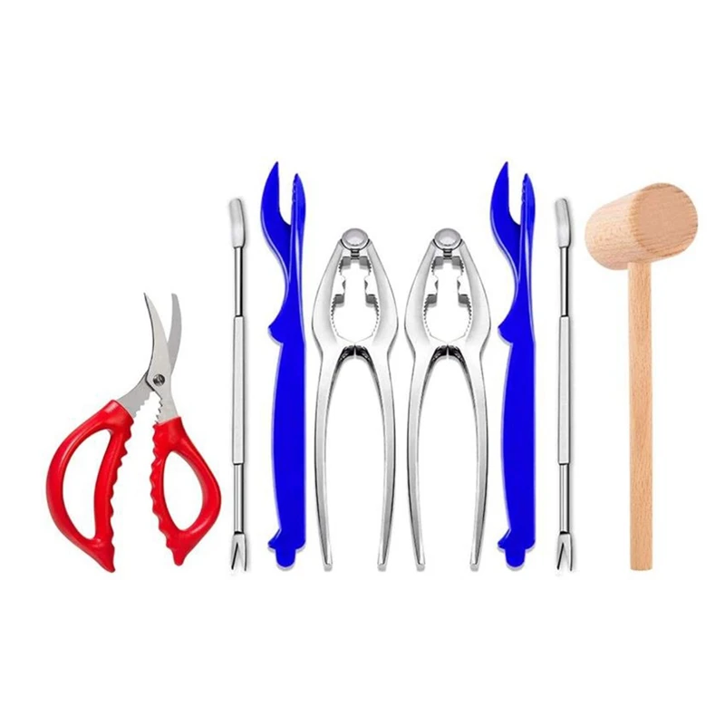 

8 Pcs Seafood Tools Set,Includes 2 Crab Crackers,2 Lobster Shells, 2 Crab Leg Forks,1 Crab Mallet and 1 Seafood Scissor