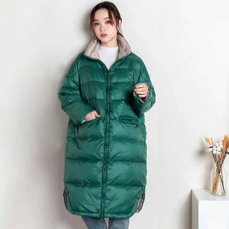 

Nice Winter Pop Loose Down Jacket Women's Mid-Length Thickening Popular Fashion Small Coat Without Hood With Pockets Solid Color