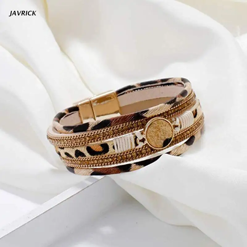 

Leopard Wrap Bracelets for Women Multilayer Wide Animal Cheetah Print Wristband Cuff Bangle with Magnetic Buckle Jewelry