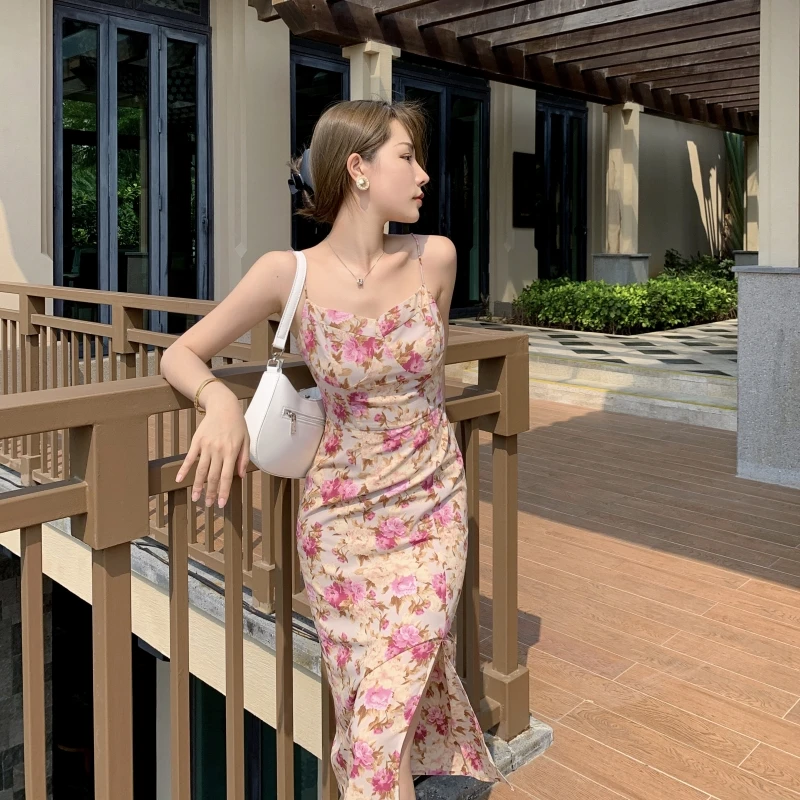 

Женское пляжное платье на бретелях-спагетти, повседневное облегающее платье-трапеция в богемном стиле с разрезом и принтом, лето 2021