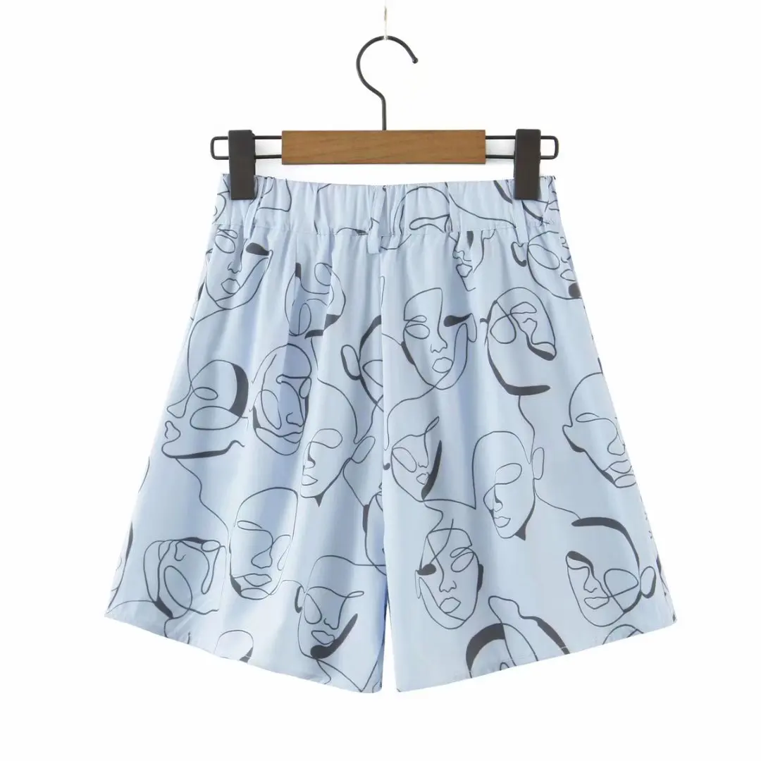 

Toppies Summer Abstract Character Printing Shorts Set Casual Two Piece Set Short Sleeve Cropped Tops and Elastic Waist Shorts