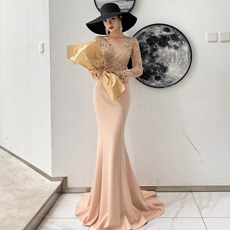 

Long Sleeve Appliques Evening Dress Vestido Largo Fiesta Noche Elegante Party Gowns Formal Dress Robe De Soiree Longue Mariage