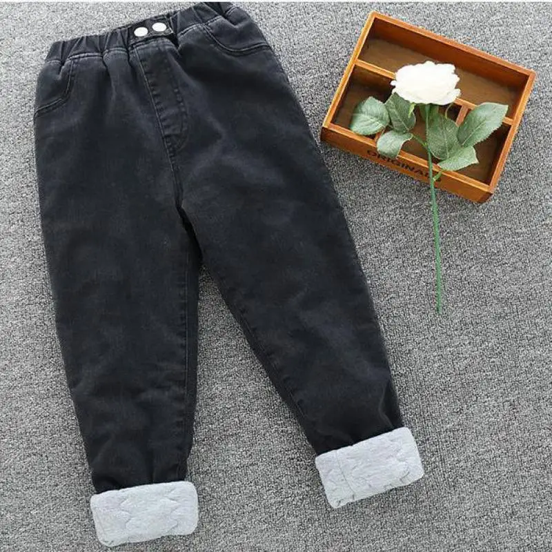 

Girls Winter Daily Thick Warm Jeans Kid Lovely Elastic Harem Pants Children Casual Wadded Denim Trousers Teens Black Pants 8-12y