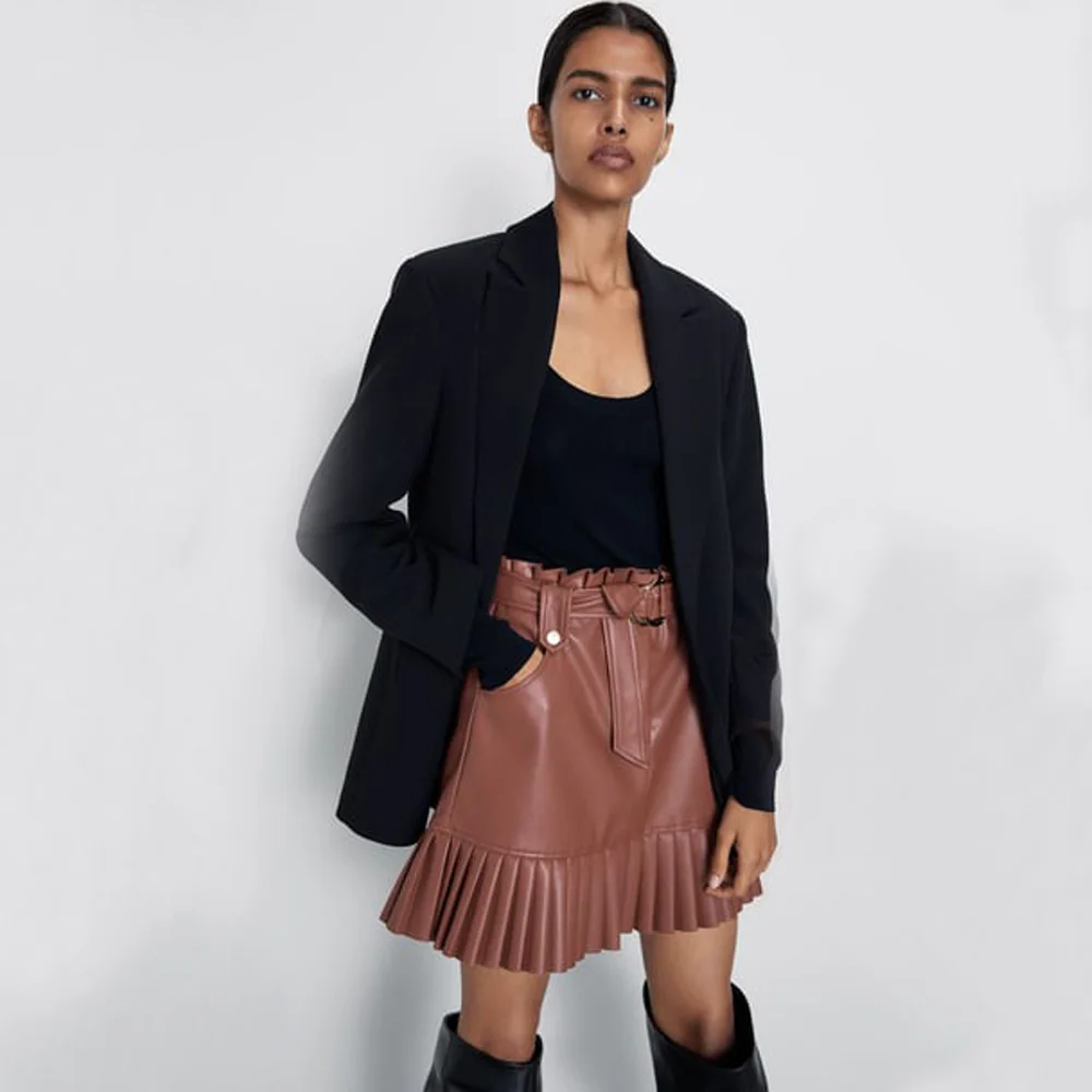 ZA 2019 модная коричневая юбка с рюшами в европейском и американском стиле женская