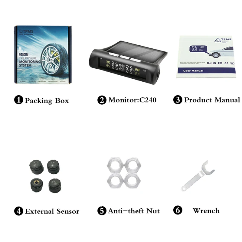 

2019 Hot Tire Pressure Monitoring System Solar Power TPMS Wireless 4 External Sensors for Car X66