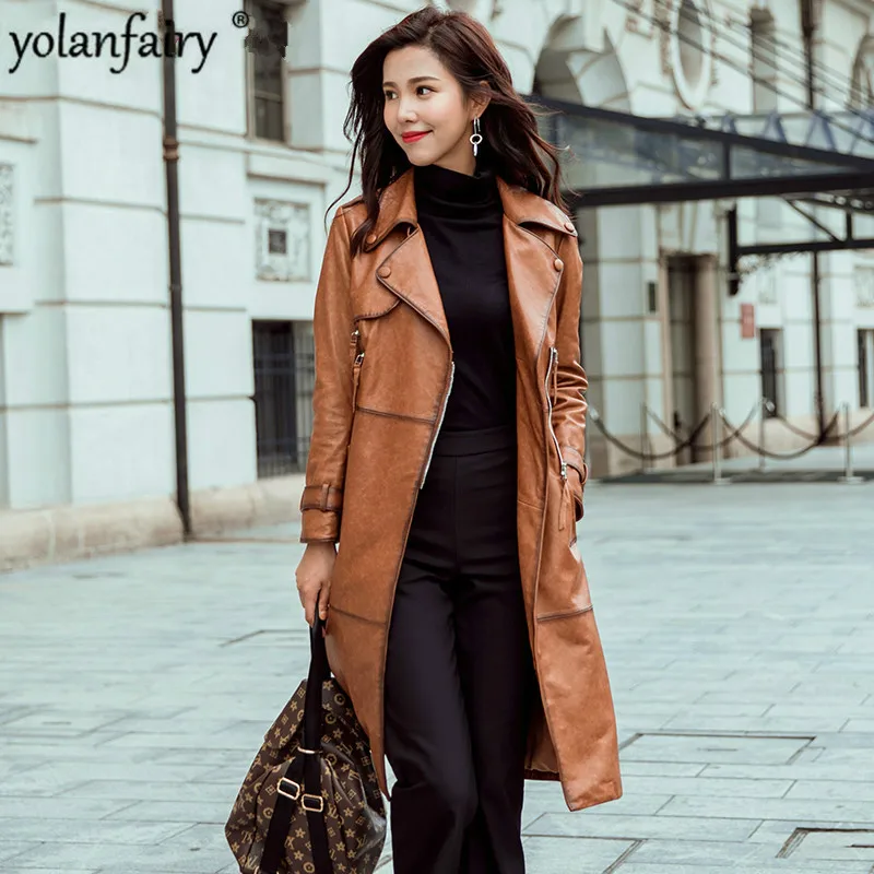 Женская куртка из натуральной кожи YOLANFAIRY Тренч овечьей на весну и осень длинные