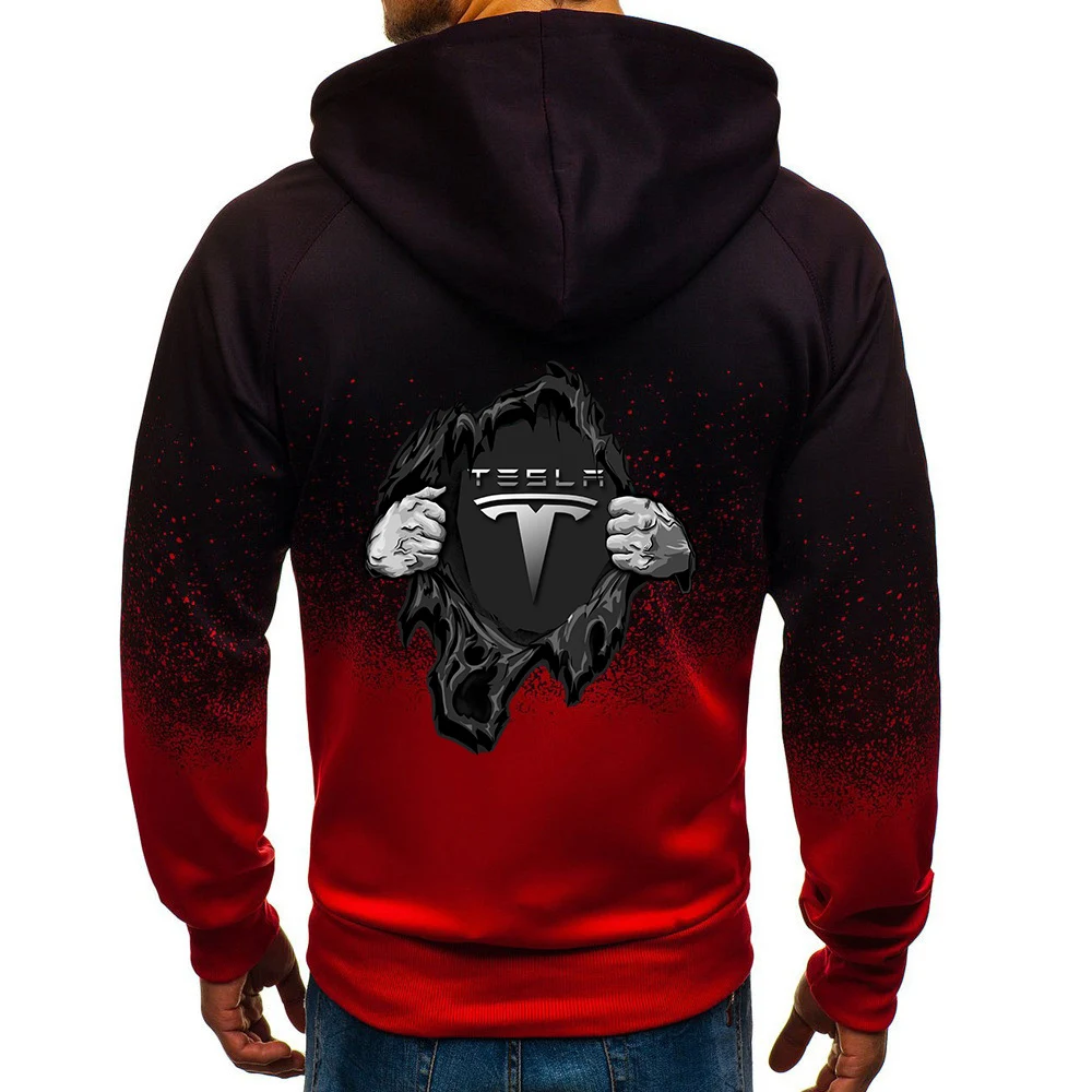 

New Spring Autumn Men's Tesla Car Logo Print Hoodies Zipper Jackets Man Sweatshirts Casual Gradient Color Coats