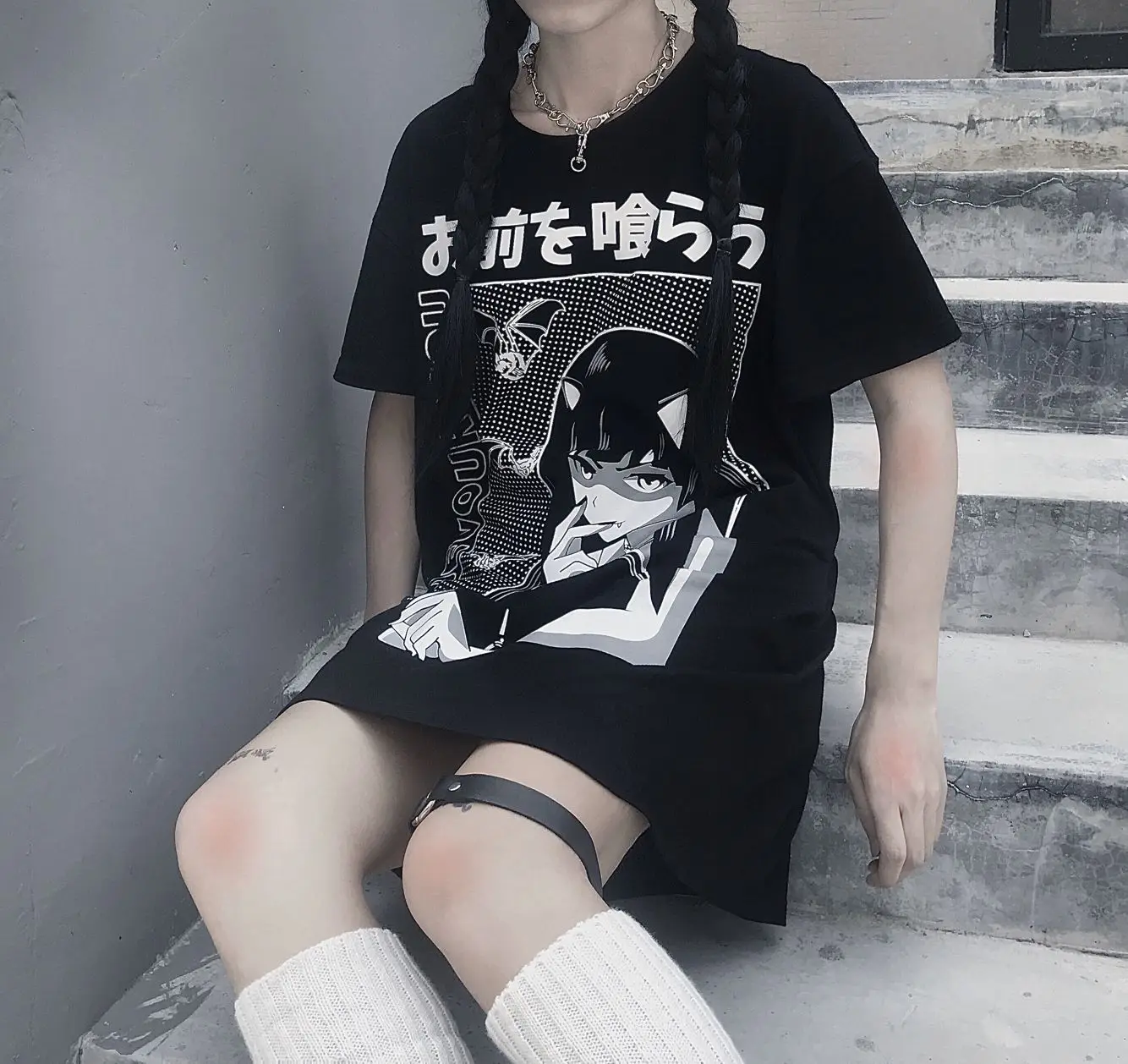 

Hand Painted Loose Summer Short Dress Mini Straight Black Goth Rock And Roll Punk Japanese-style Casual Dresses For Women 2021