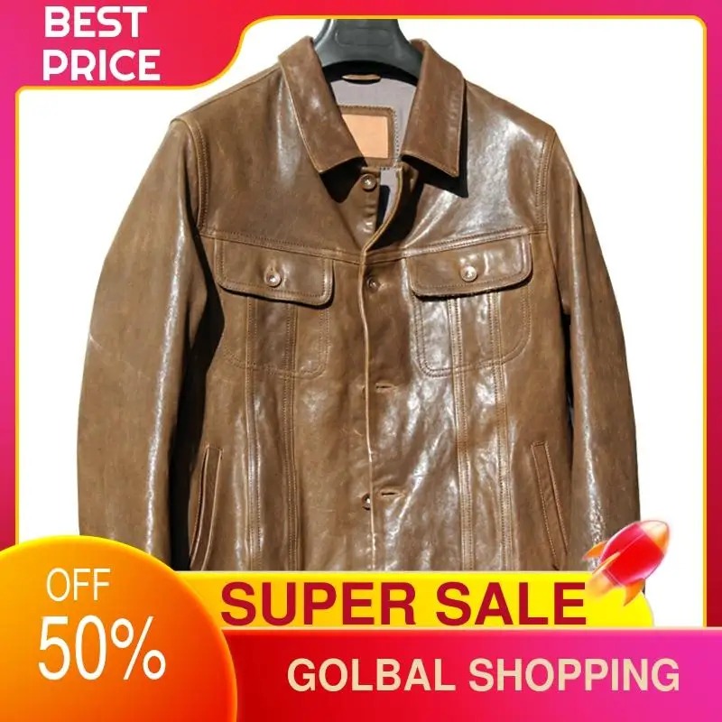 

2021 Brown Casual Style Genuine Leather Jacket Men Single Breasted Plus Size 4XL Real Natural Sheepskin Slim Fit Autumn Coat