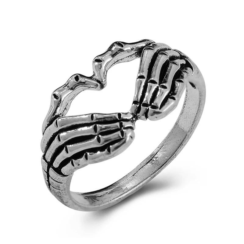  Silver Plated Hand with Heart Rings for Men Women Punk Gothic Creative Skeleton Couple Ring Hip Hop Band Jewelry Charm Gift