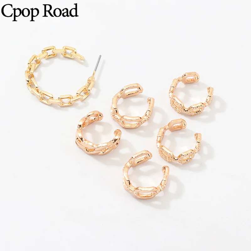 Cpop серьги для женщин Золотая цепочка кольца наборы хип хоп уличный стиль крутая
