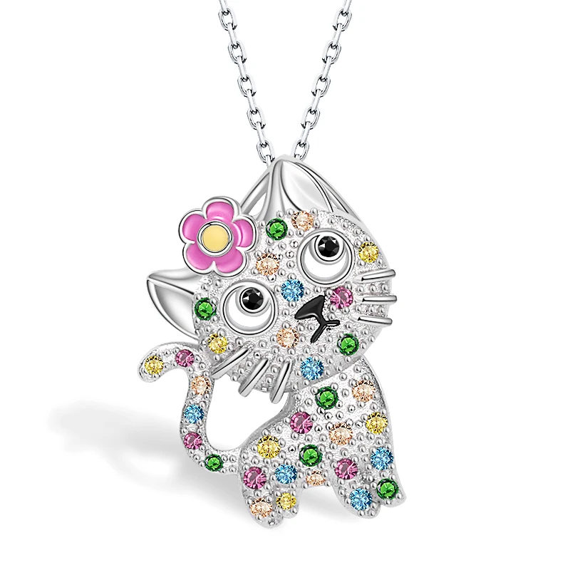 Ожерелье из серебра 925 пробы с подвеской в виде котенка со сверкающим камнем