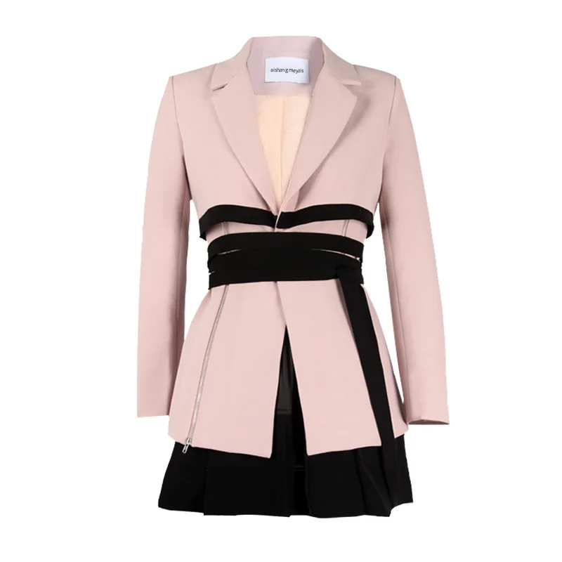 

2020 Spring Autumn New Long Sleeve Pink Blazer Coat High Quality Office Lady Blazer Jacket High Waist Black Skirt 2 Piece Set