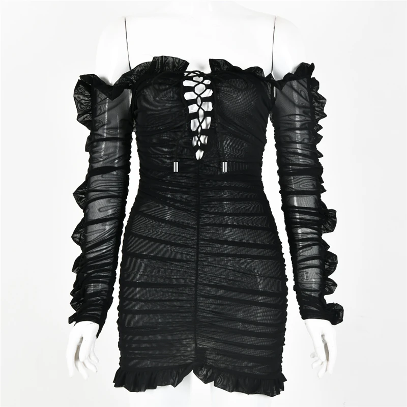 

Women Summer Dress Lace Up Strapless Off The Shoulder Sexy Bodycon Short Sleeve Holiday Floral Print Ruffle Short Party Beach