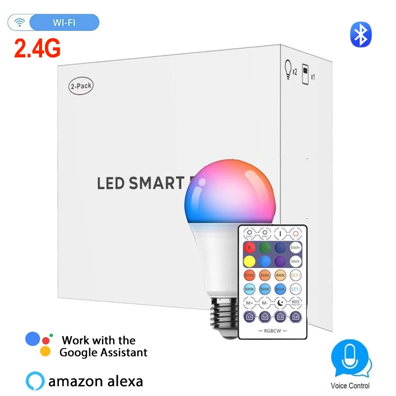 

Умная лампа с регулируемой яркостью, 2,4 ГГц, Wi-Fi, совместима с Alexa Google Home и используется с пультом дистанционного управления 9 Вт