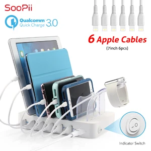 Soopii Quick Charge 3,0 60 W/12A 6-портовая зарядная станция usb для нескольких устройств, 6 кабелей в комплекте(2 IOS 2 Micro 2 type-C