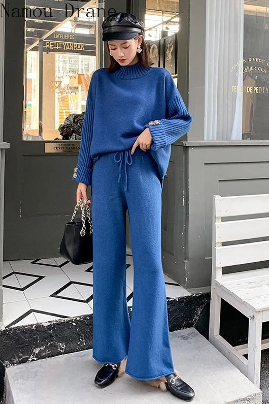 

2020 Alpaca Fleece/Fiber Two Piece Suit Women's Sweater Wide Leg Pants Loose Thick Fashion Lazy Wind Knitting