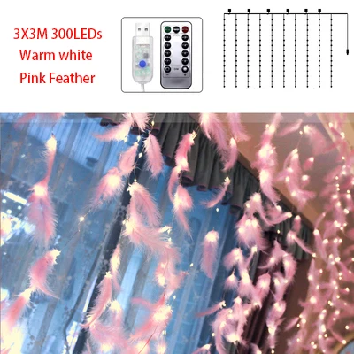 Pink feather WW Сказочная светодиодная гирлянда-штора, гирлянда, гирлянда, 3x3 м, Рождественский декоративный светодиодный гирлянда, рождественские вечерние, для сада, свадьбы, спальни, INS, перья, свет - Испускаемый цвет: Pink feather WW