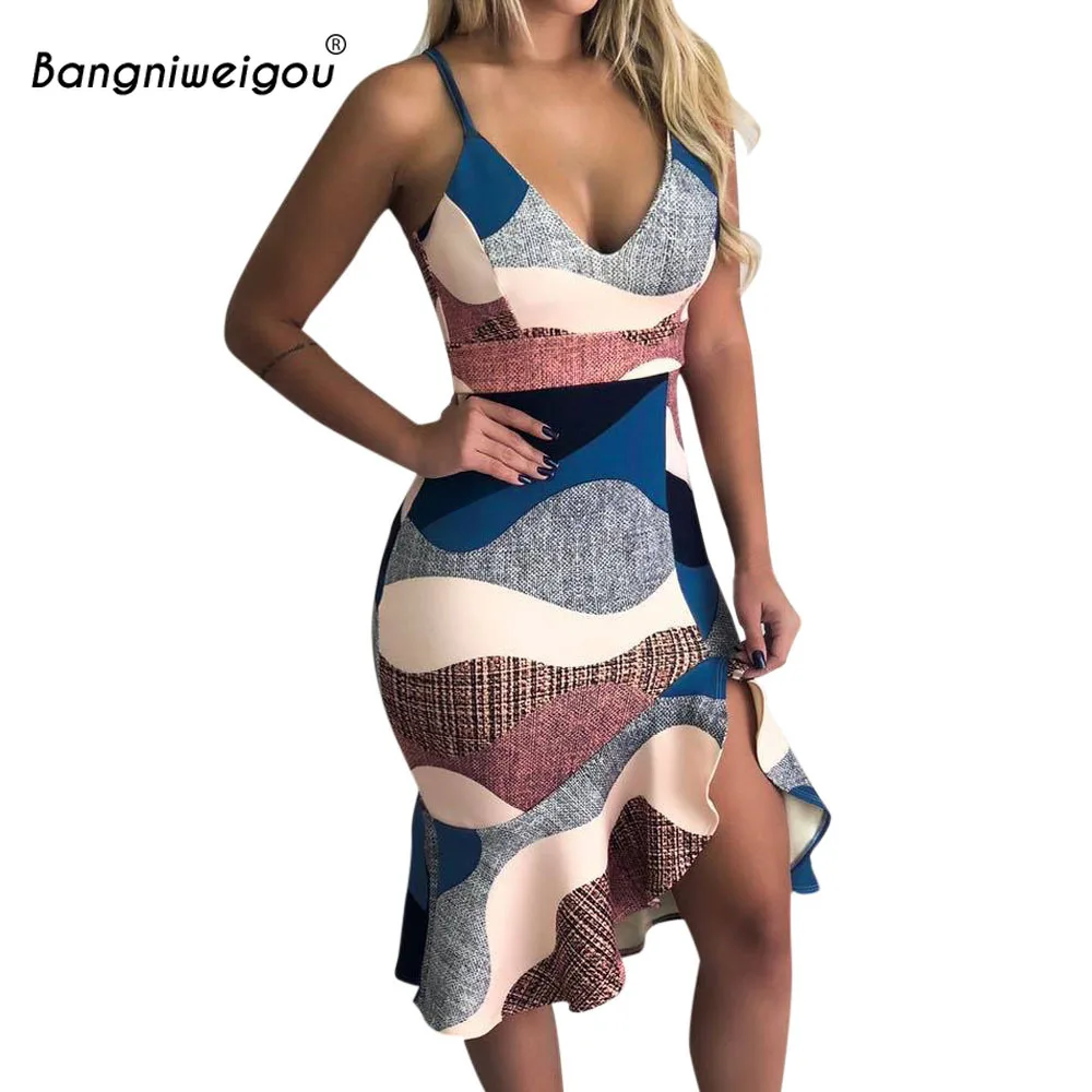 

Bangniweigou Illusion Stripe Print Ruffle Bandage Dress Women Spaghetti Strap Backless Color Block Party Mermaid Bodycon Dress