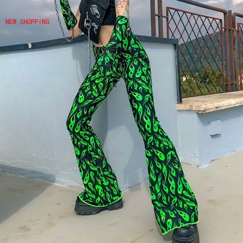

2021 New Green Fire Print Flare Pants High Waist Bell Bottom Sexy Women Streetwear Harajuku Y2K Punk Trousers Winter Autumn