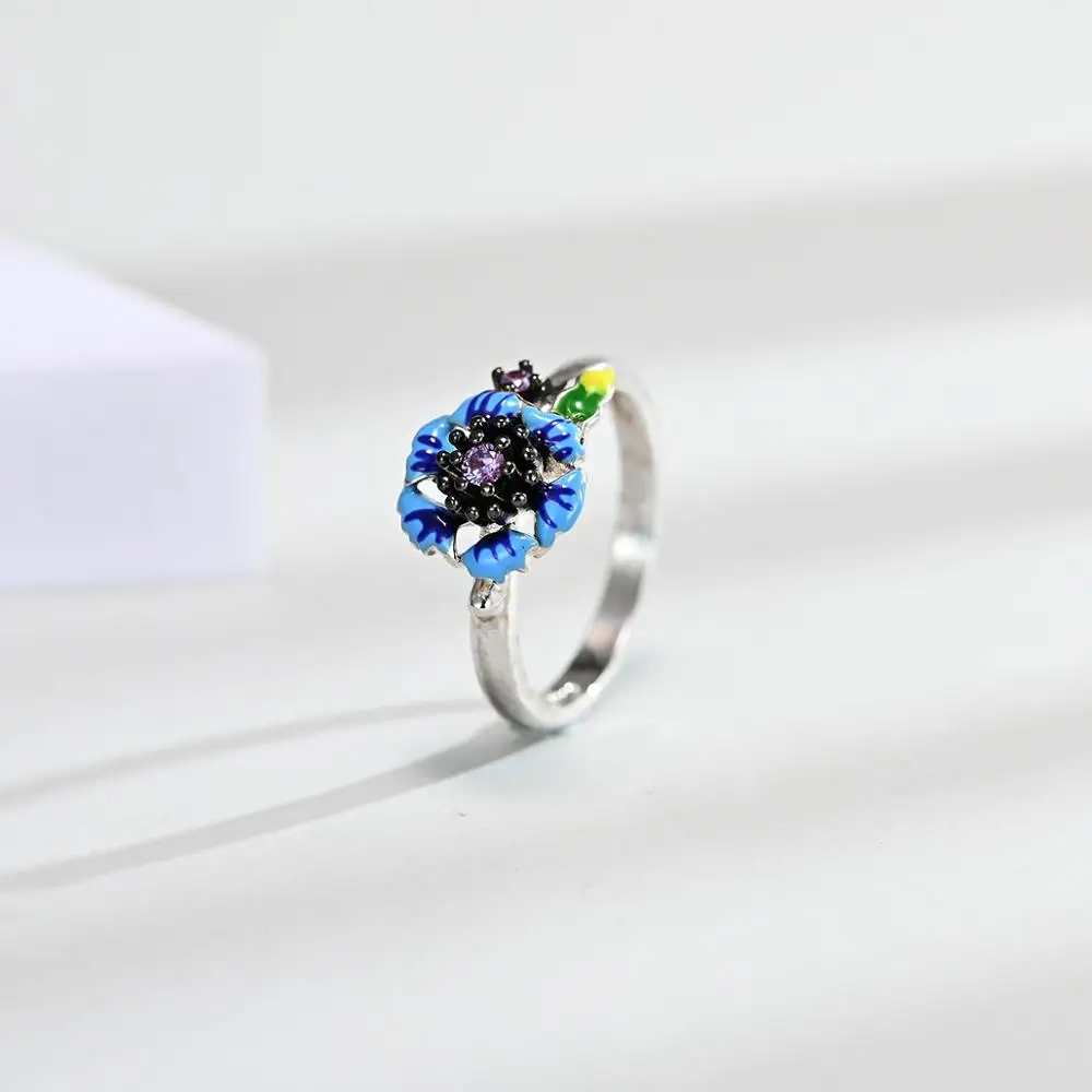 

Foydjew Enamel Blue Cornflower Rings European American Fashion Epoxy Resin S925 Silver Engagement Ring Gift For Mom
