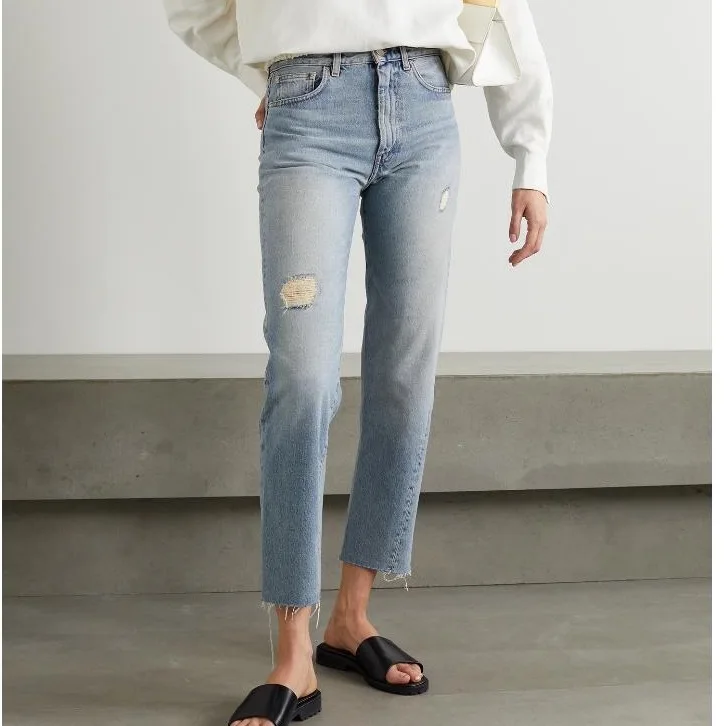 

Женские джинсовые брюки 2021 осень и зима потертые светильник цветные ретро рваные скрученные прямые джинсы 100% хлопок