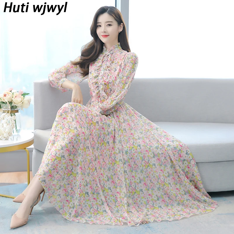 

2022 Vintage Print Chiffon Maxi Dresses Spring Autumn Runway Luxury Prom Midi Dress Elegant Women Bodycon Party Evening Vestidos
