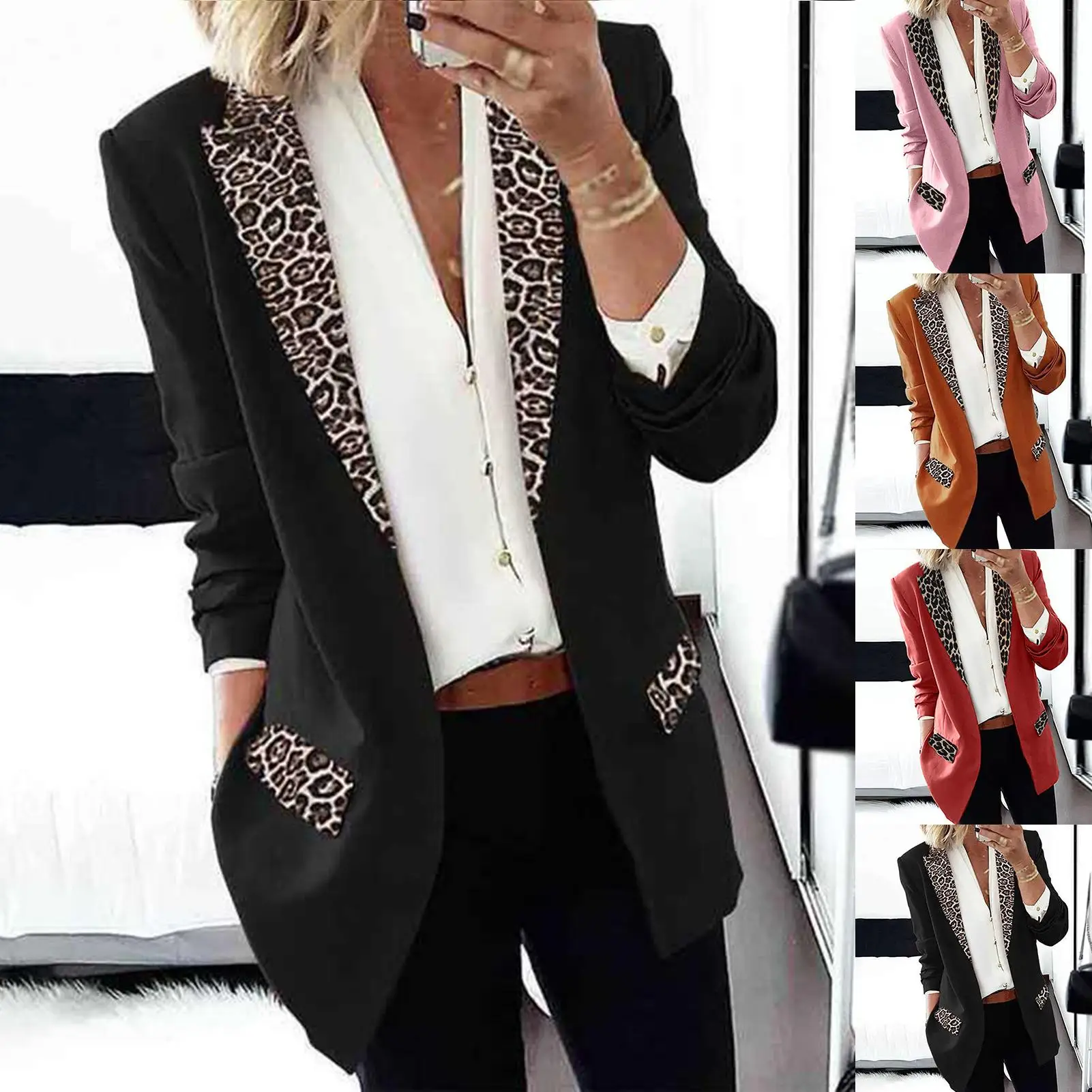 

Women Lapel Leopard Patchwork Blazer Long Sleeve Open Front Slim Coat Jacket