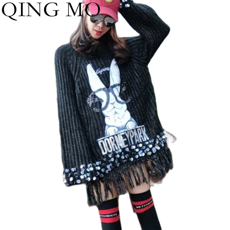 

QING MO 2021 Autumn Winter Fashion Cartoon Sequin Stitching Turtleneck Sweater Women Large Size Tassel Knitted Pullover ZWL1137