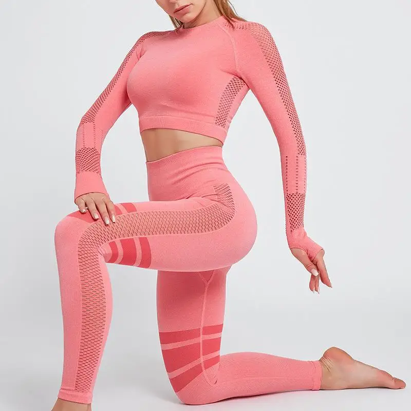 

Solid Yoga Set Women Long Sleeve Hollow Fitness Yoga For Women Breathable Leggings+Cropped Shirts Tight Running Sportswear Set