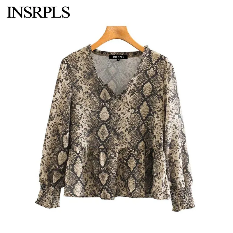 INSRPLS женские винтажные стильные блузки со змеиным принтом и оборками рубашки с v