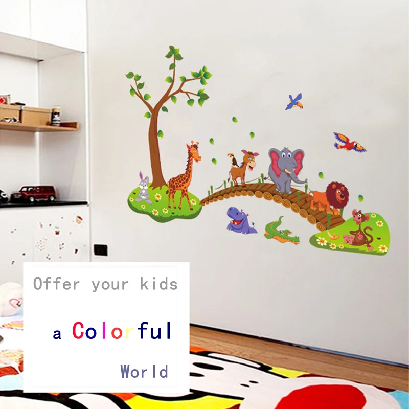 Cartoon Animals Bridge Wall Stickers for Kids Rooms Decoration Vinyl Home Decor Wall Cover Posters