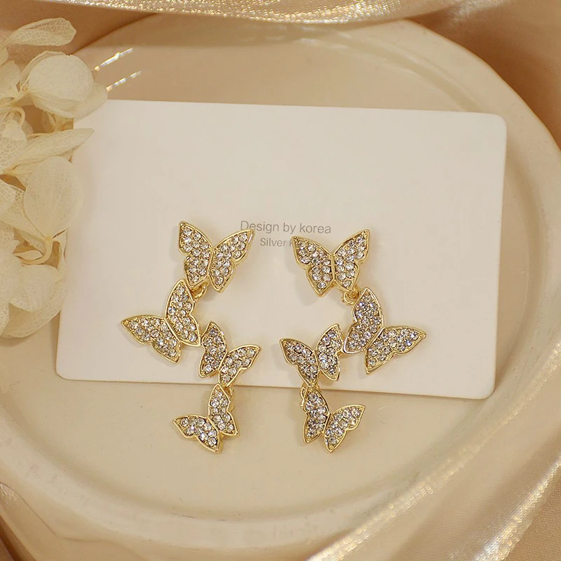 

Korean Hot 14k Real Gold Jewelry Shiny Butterfly Earrings for Women Top High Quality AAA Shiny Zirconia S925 Silver Needle Gift