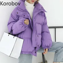 Korobov зимнее пальто для женщин новые фиолетовые хлопковые женские куртки стиль преппи, Одноцветный на молнии карманы парки корейский стиль 79049