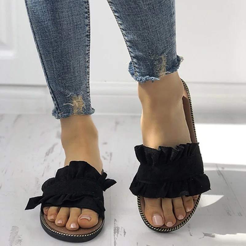 

Шлепанцы женские с оборками, пляжные сандалии, плоская подошва, Повседневная модная обувь, цветочные шлепанцы