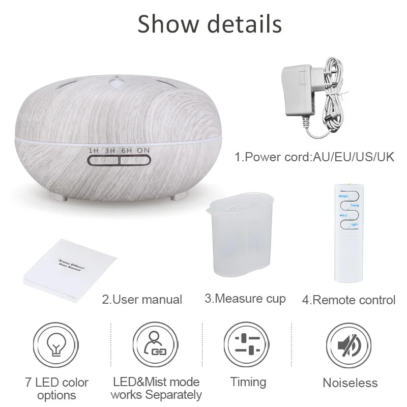 

KBAYBO 550ml essential oil diffuser air humidifier white wood remote control aromatherapy mist maker LED night light for home